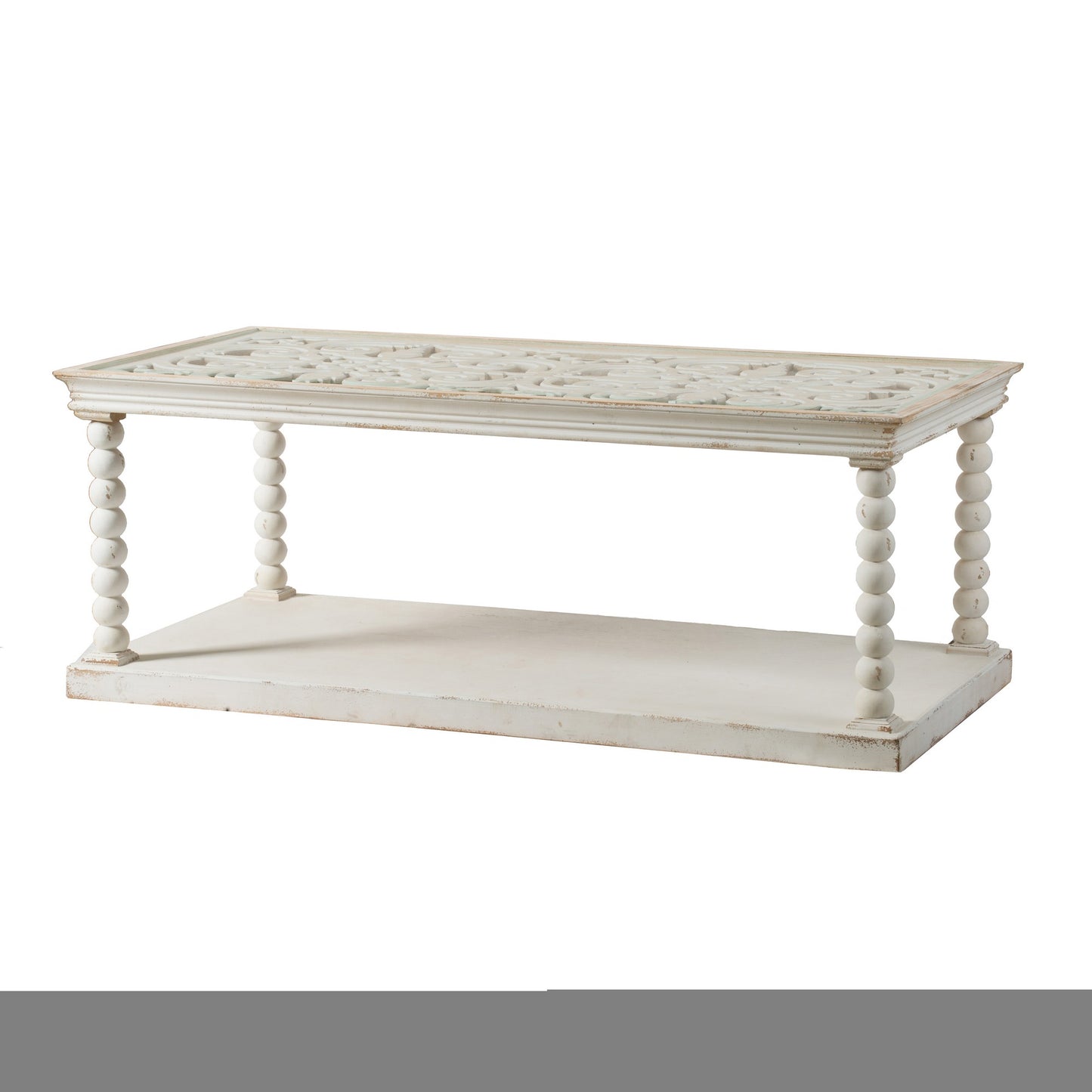 48 Inch Coffee Table, Rectangular, Glass Top, Scroll Design, Vintage White — Chic Home-Decor