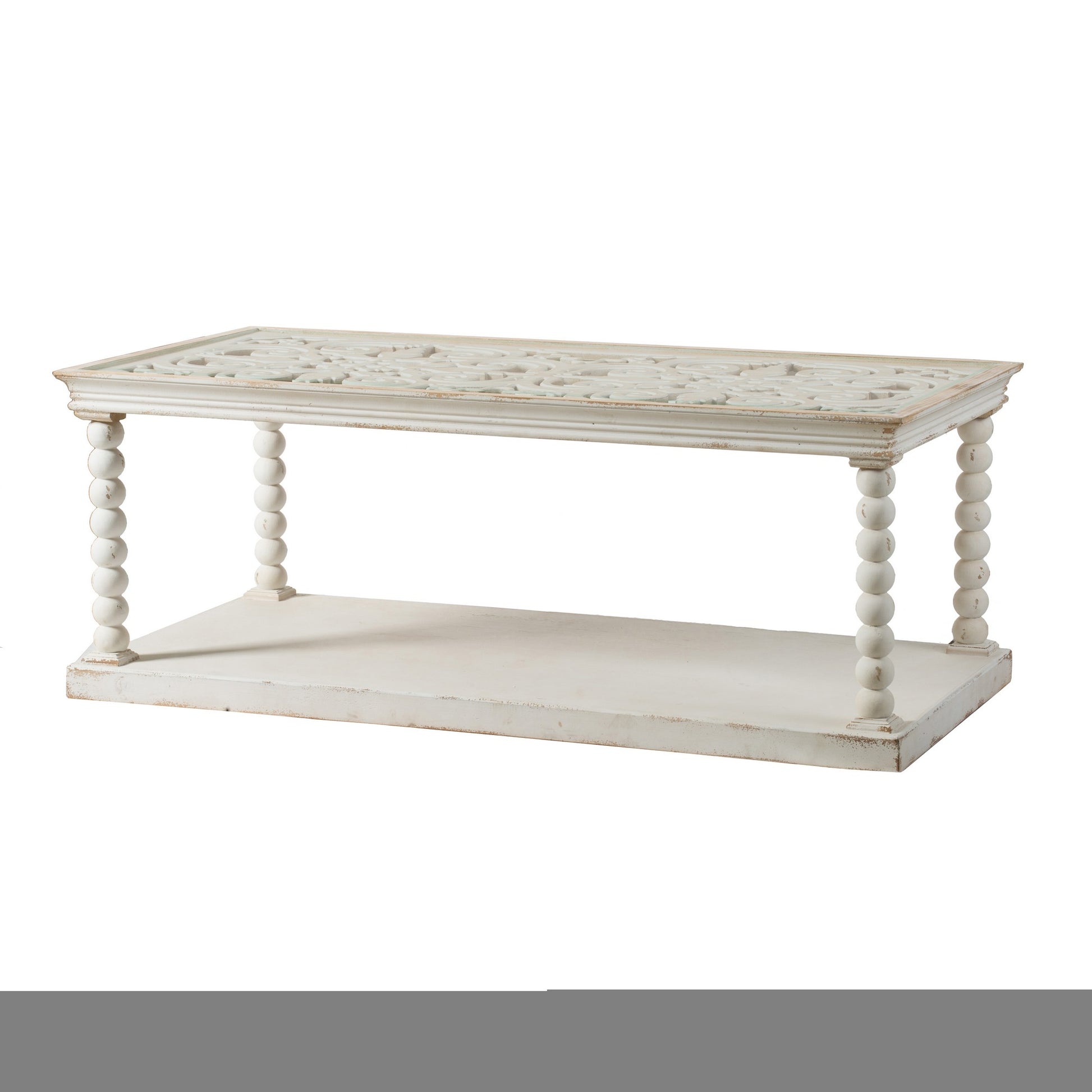 48 Inch Coffee Table, Rectangular, Glass Top, Scroll Design, Vintage White — Chic Home-Decor