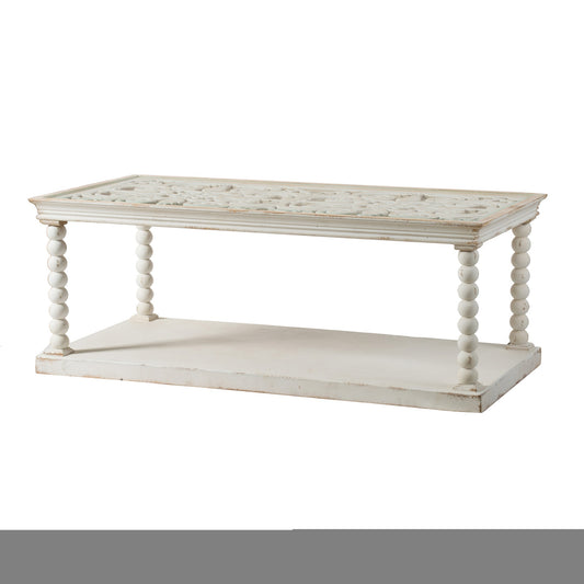 48 Inch Coffee Table, Rectangular, Glass Top, Scroll Design, Vintage White — Chic Home-Decor