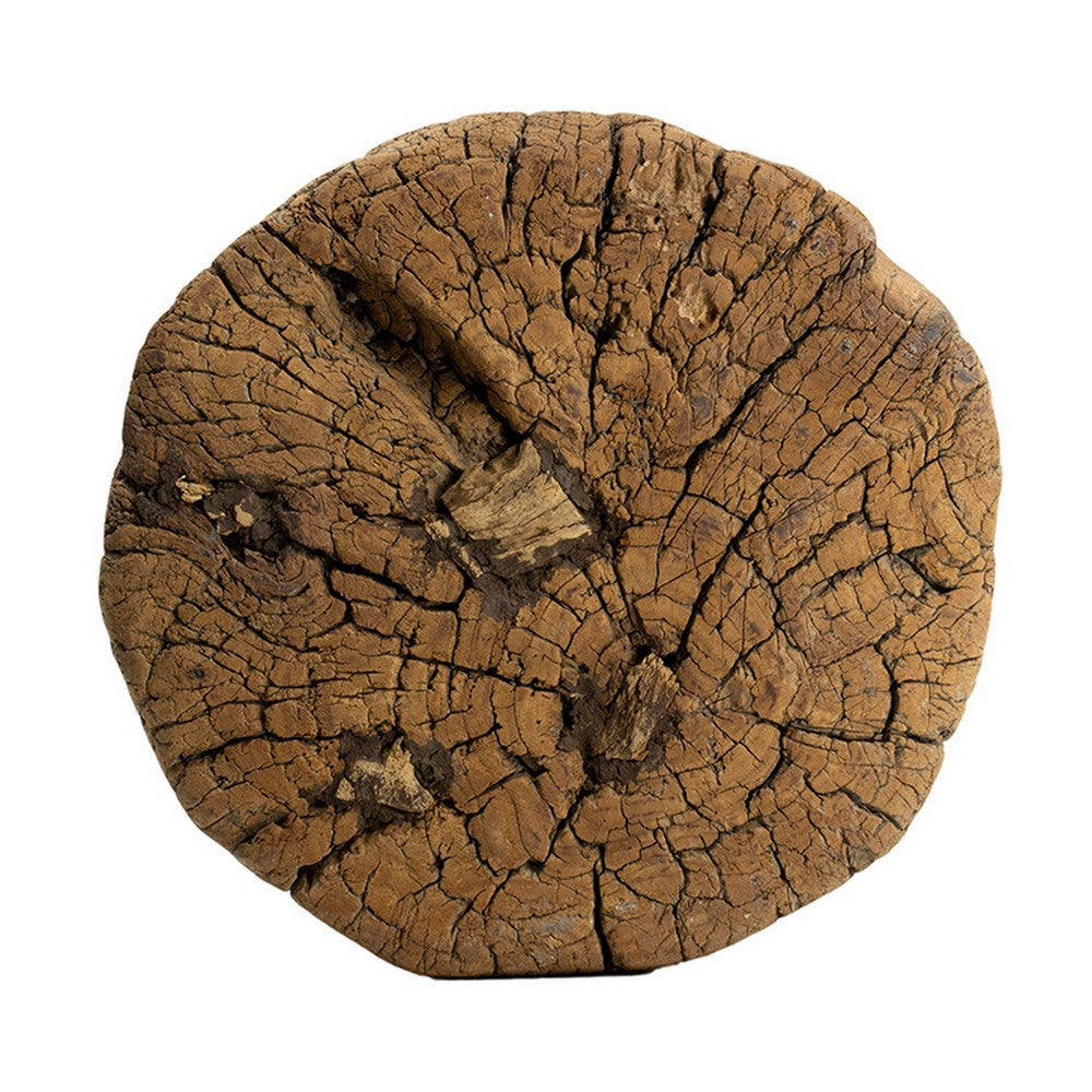 14 Inch Stool Table, Rustic Style, Tree Log Design, Distressed Wood Brown