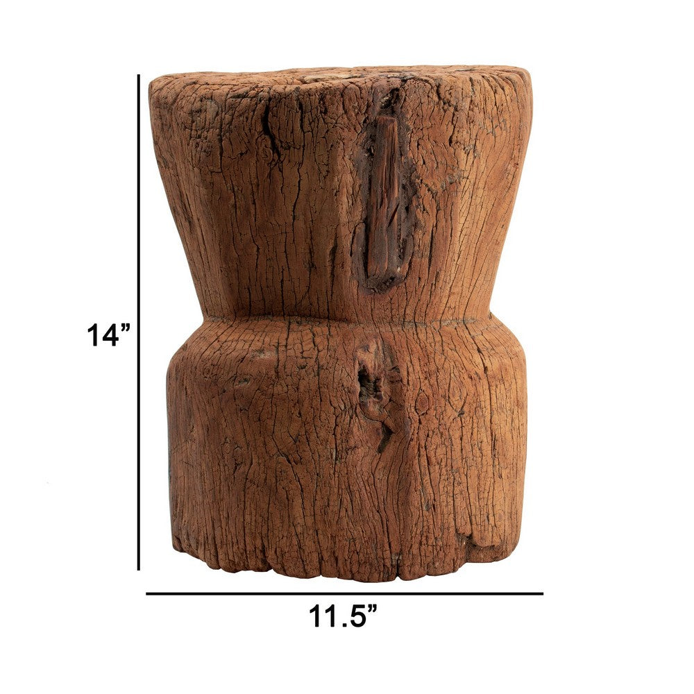 14 Inch Stool Table, Rustic Style, Tree Log Design, Distressed Wood Brown