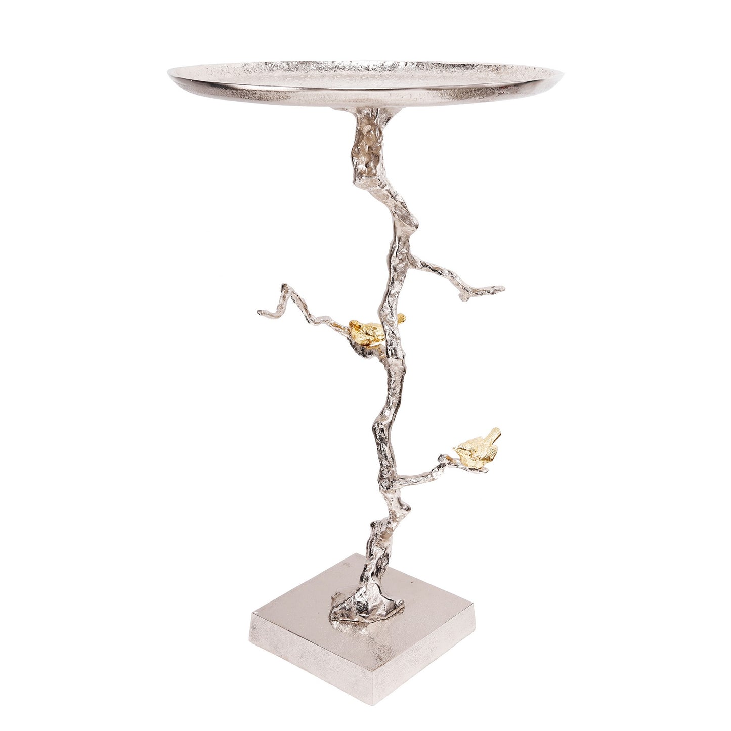 28 Inch Accent Table, Artful Branch Like Frame, Gold Bird Accents, Silver — Chic Home-Decor