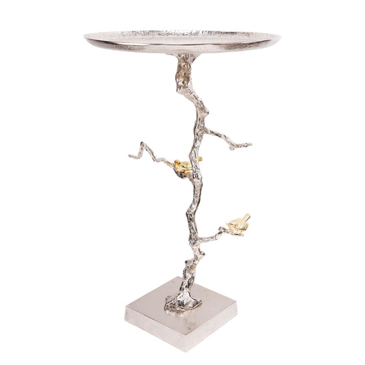 28 Inch Accent Table, Artful Branch Like Frame, Gold Bird Accents, Silver — Chic Home-Decor