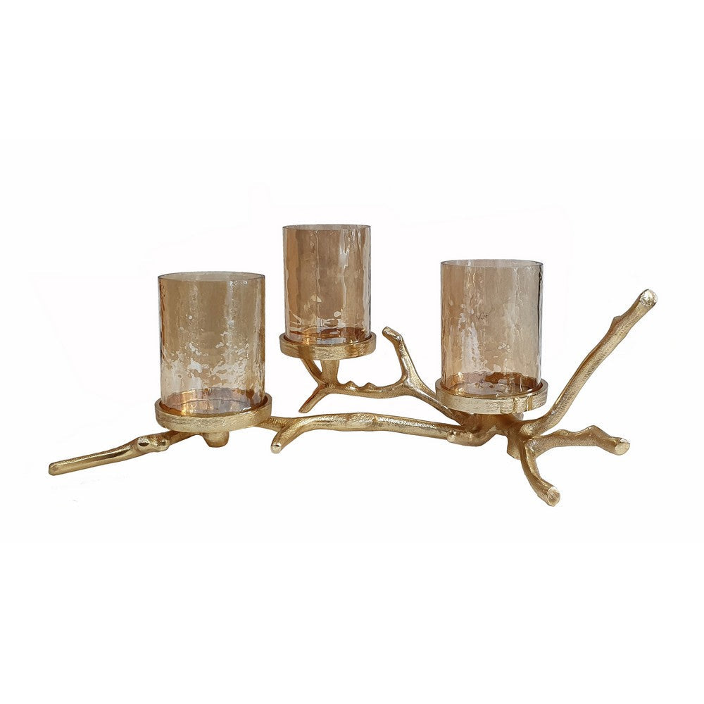 16 Inch 3 Pillar Candle Holder, Aluminum, Accented Frosted Glass, Gold