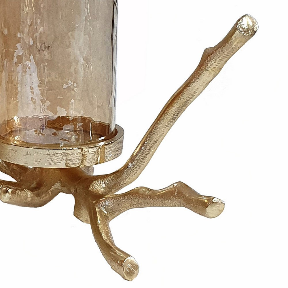16 Inch 3 Pillar Candle Holder, Aluminum, Accented Frosted Glass, Gold