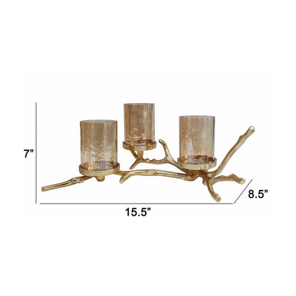 16 Inch 3 Pillar Candle Holder, Aluminum, Accented Frosted Glass, Gold