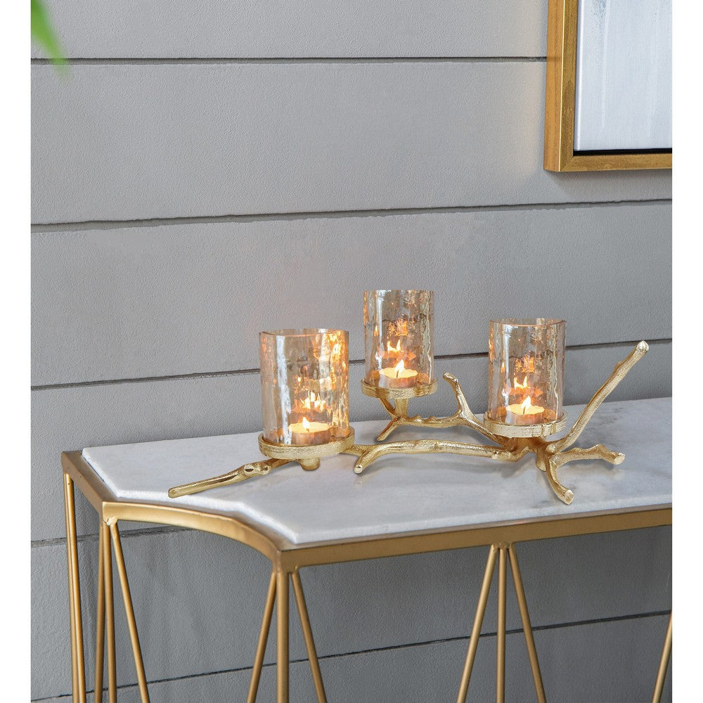 16 Inch 3 Pillar Candle Holder, Aluminum, Accented Frosted Glass, Gold
