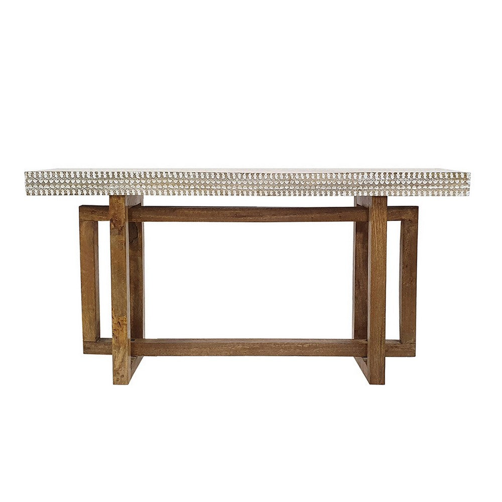 55 Inch Console Sideboard Sofa Table, Hand Carved Wood Apron, Classic Brown