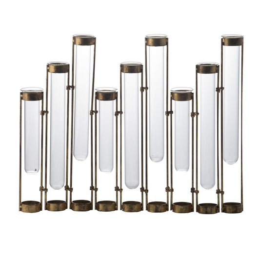 18 Inch 9 Slot Accent Vase, Glass Body Pieces in Iron Frame, Antique Bronze — Chic Home-Decor
