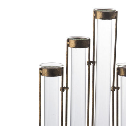 18 Inch 9 Slot Accent Vase, Glass Body Pieces in Iron Frame, Antique Bronze