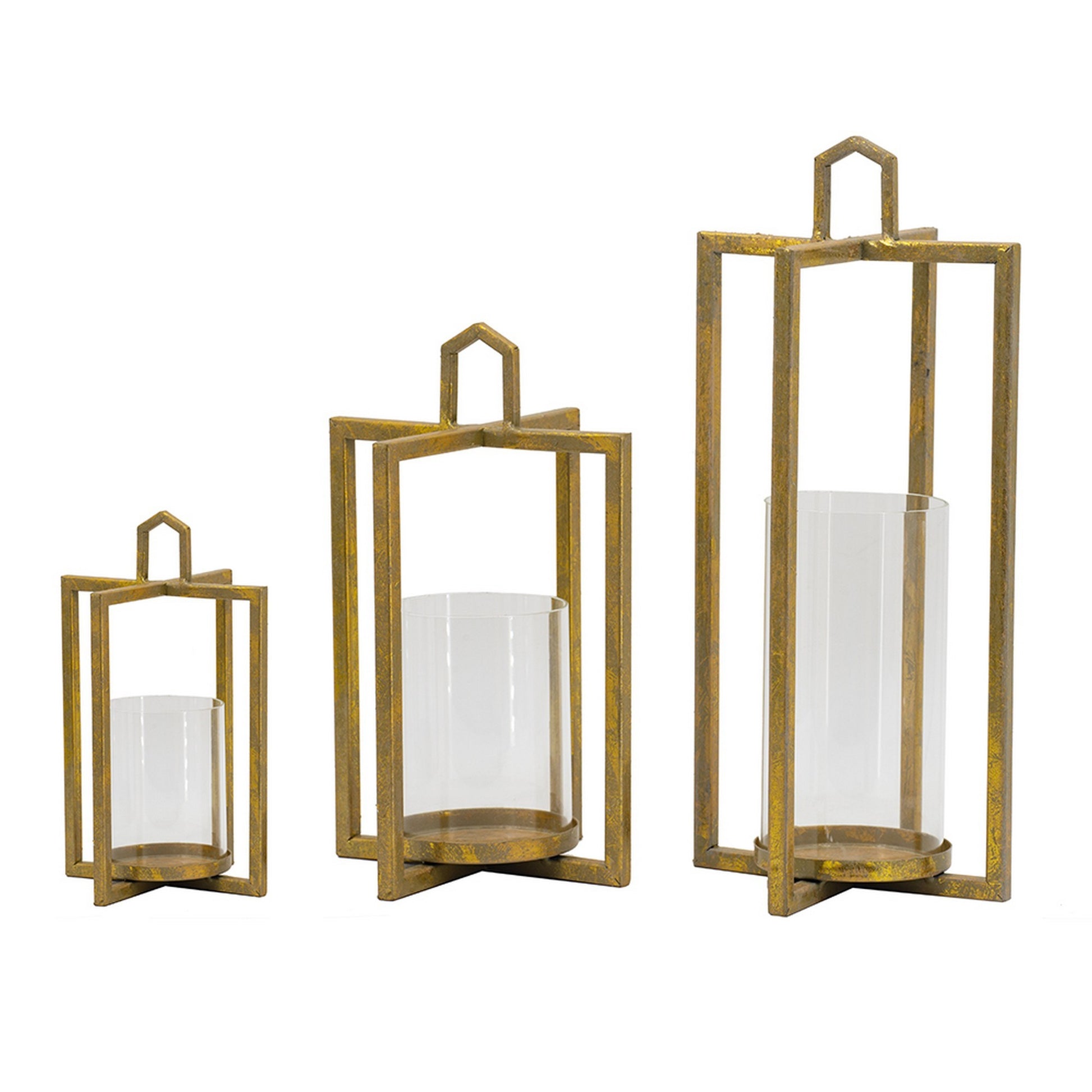 19, 15, 11 Inch Lanterns, Set of 3, Tea Light Glass Holders, Modern, Gold — Chic Home-Decor