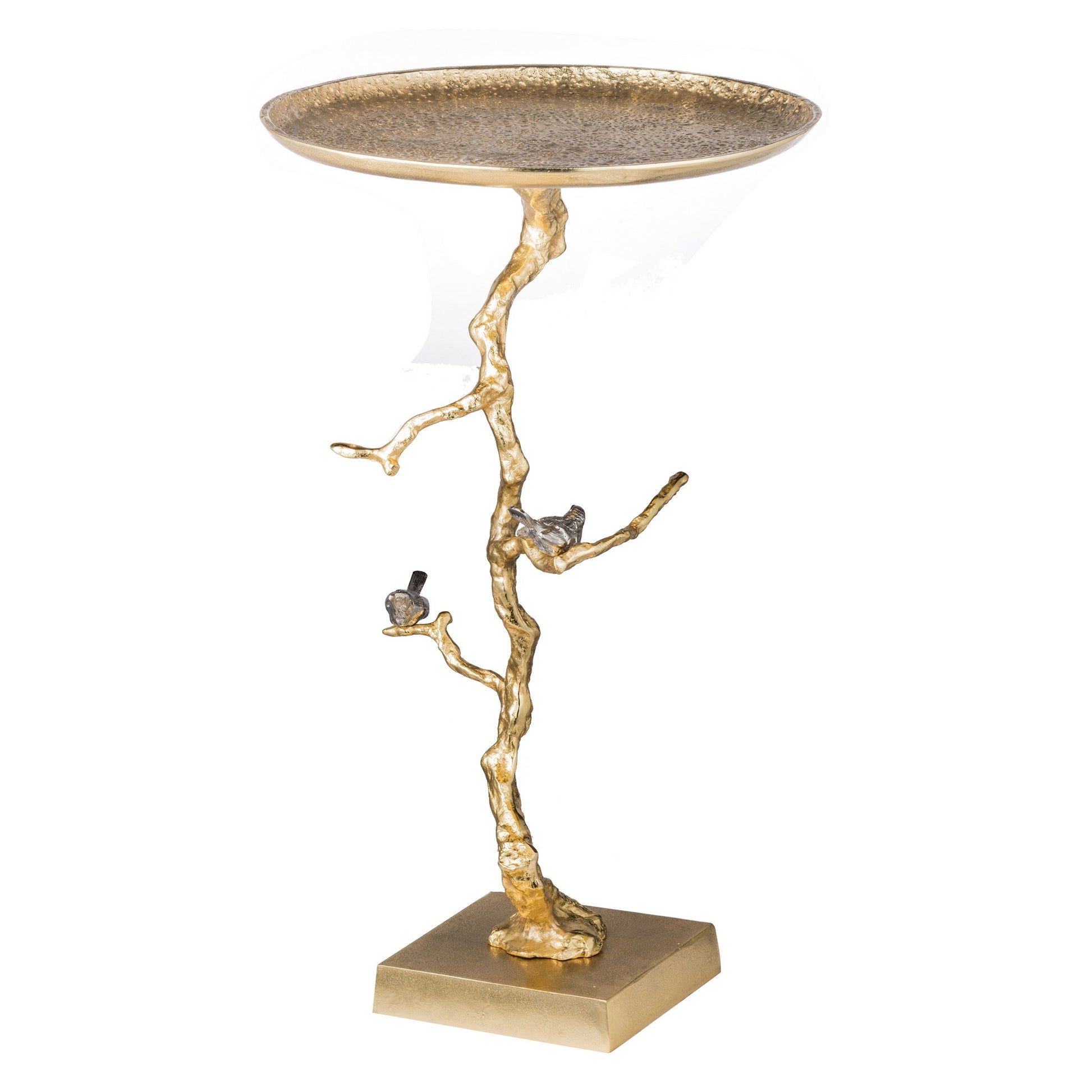 28 Inch Accent Table, Artful Branchlike Frame, Silver Bird Accents, Gold — Chic Home-Decor