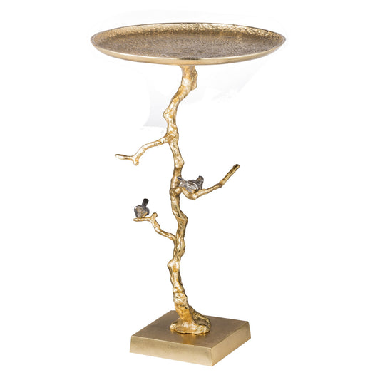 28 Inch Accent Table, Artful Branchlike Frame, Silver Bird Accents, Gold — Chic Home-Decor