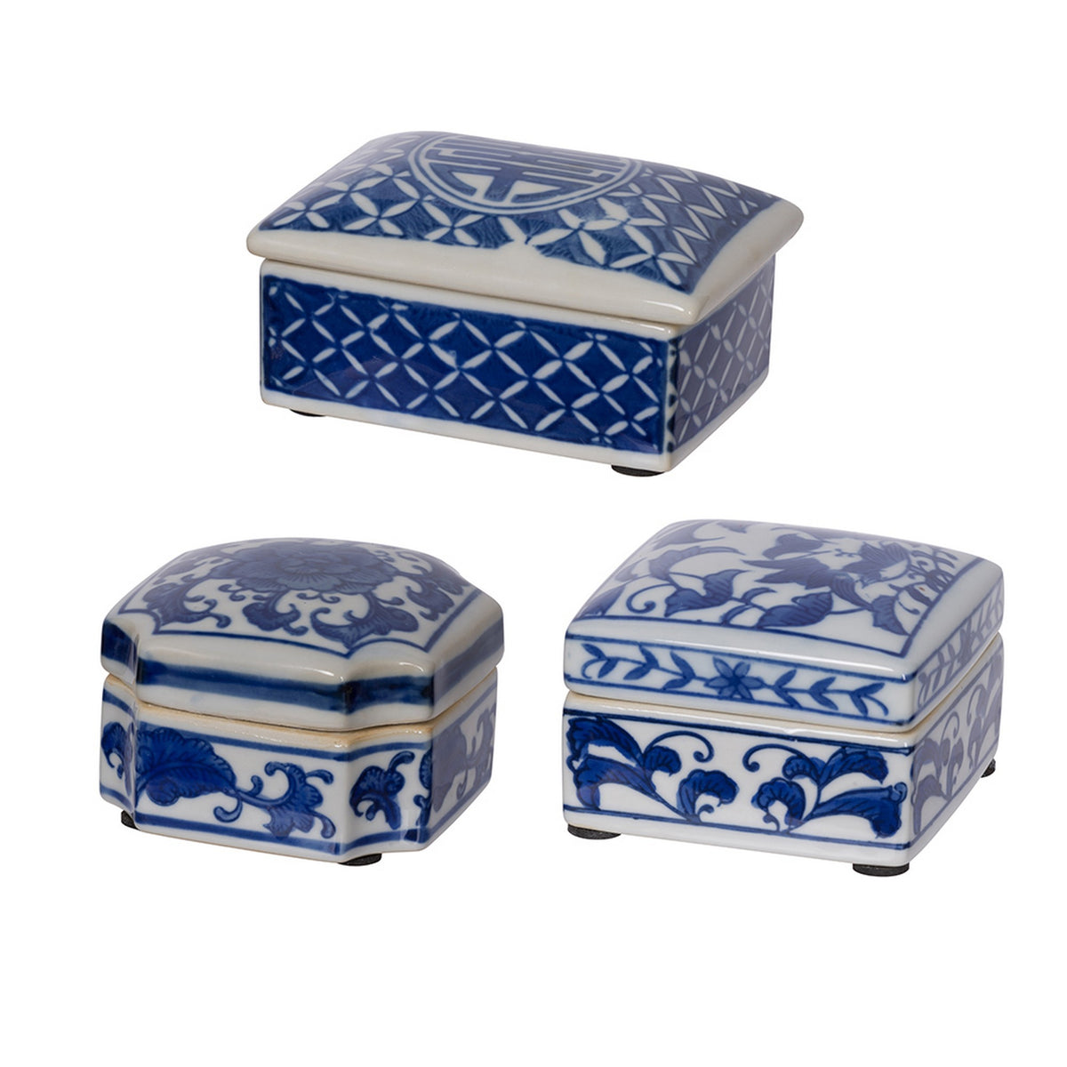 Set of 3 Decorative Boxes, White and Blue Porcelain Pottery, Floral Designs — Chic Home-Decor