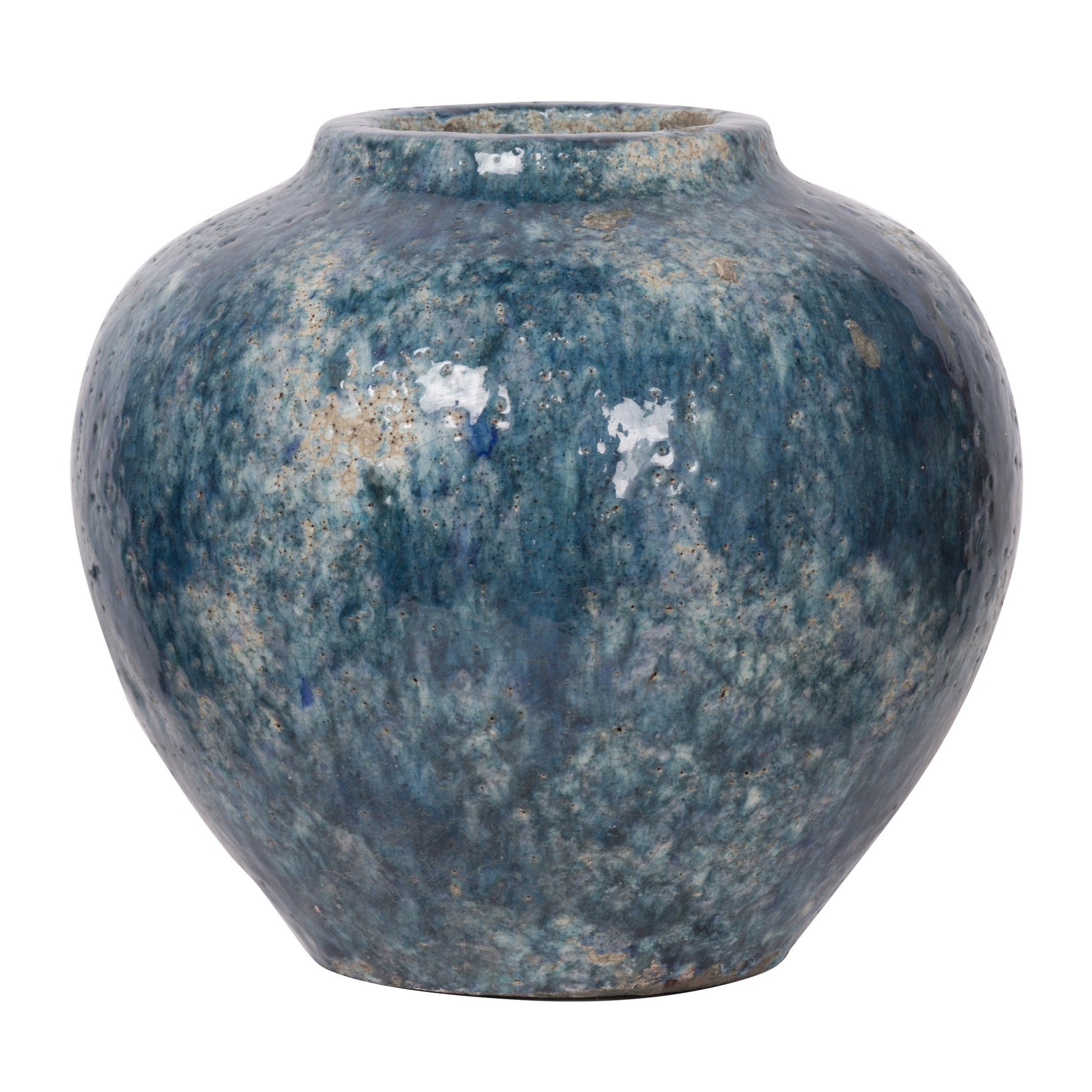 10 Inch Small Round Terracotta Vase, Subtly Curved, Textured Blue Finish — Chic Home-Decor