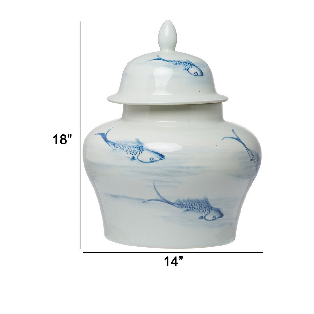 18 Inch Porcelain Ginger Jar, Artful Wispy Fish, Classic White and Blue