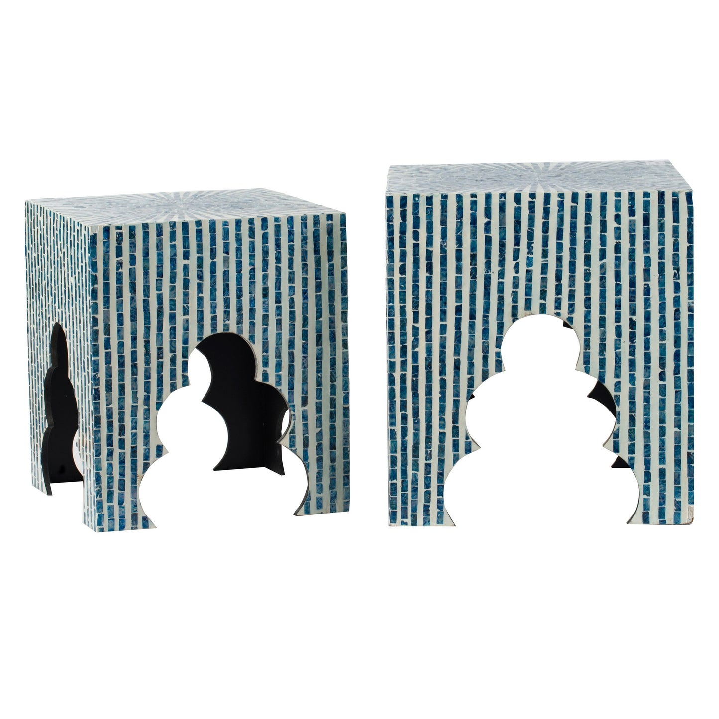Lez 18, 20 Inch Capiz Accent Table Stool, Set of 2, Blue, White Mosaic Look — Chic Home-Decor