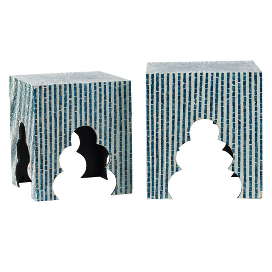 Lez 18, 20 Inch Capiz Accent Table Stool, Set of 2, Blue, White Mosaic Look — Chic Home-Decor