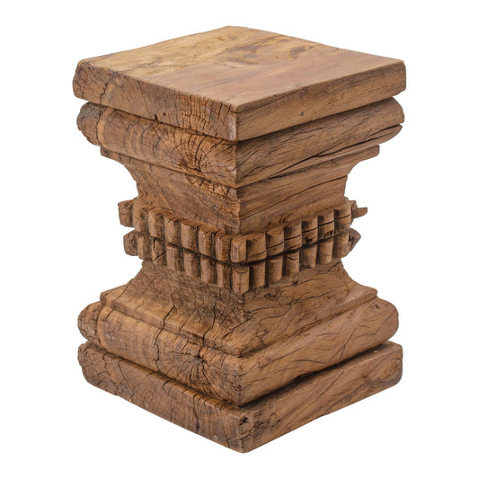 20 Inch Accent Table, Rustic Pillar Pedestal with Scrolled Carvings, Brown — Chic Home-Decor