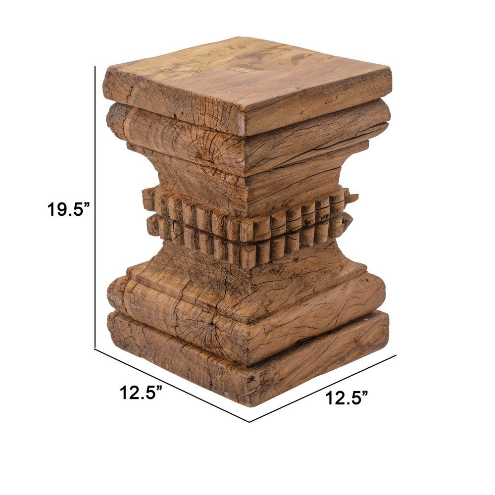 20 Inch Accent Table, Rustic Pillar Pedestal with Scrolled Carvings, Brown
