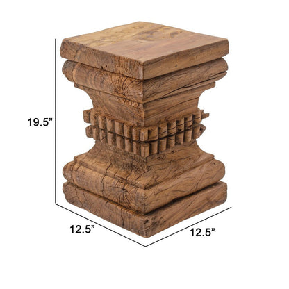 20 Inch Accent Table, Rustic Pillar Pedestal with Scrolled Carvings, Brown
