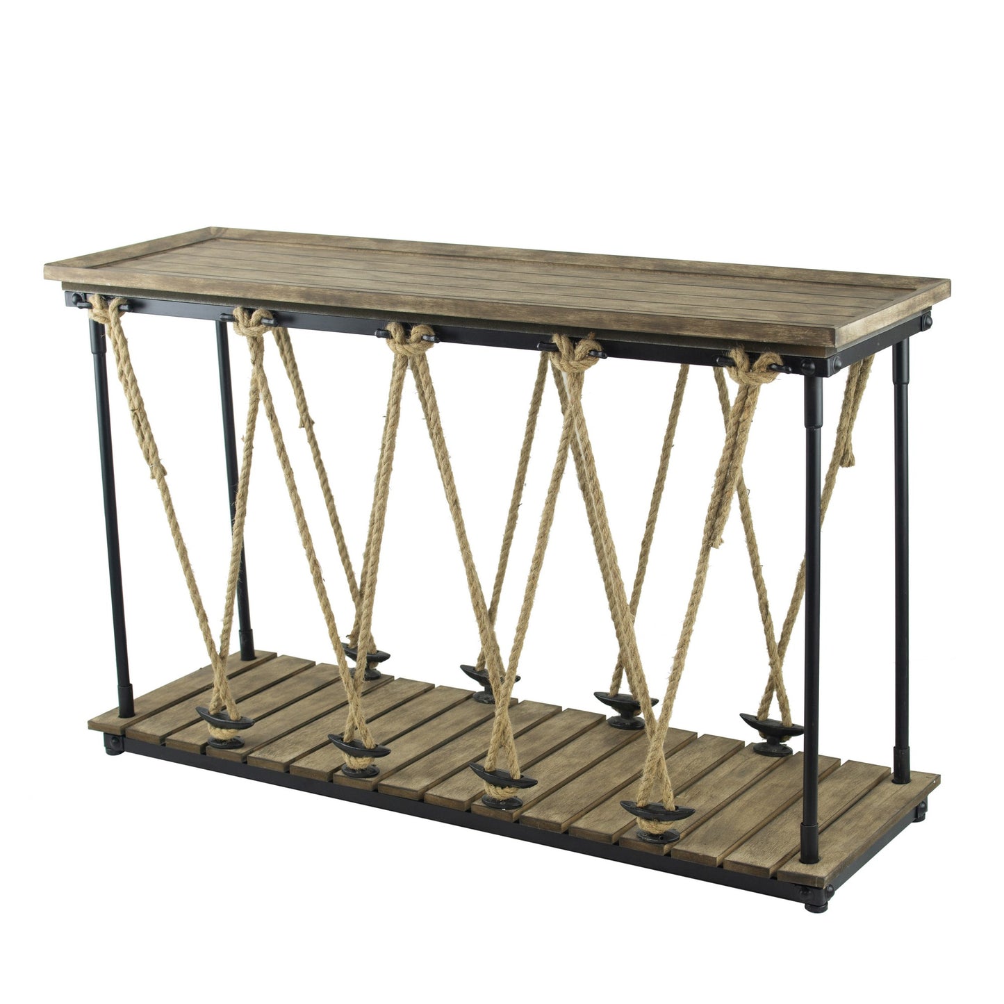 52 Inch Console Table, Rustic Plank Top with Crossed Rope Design, Brown — Chic Home-Decor