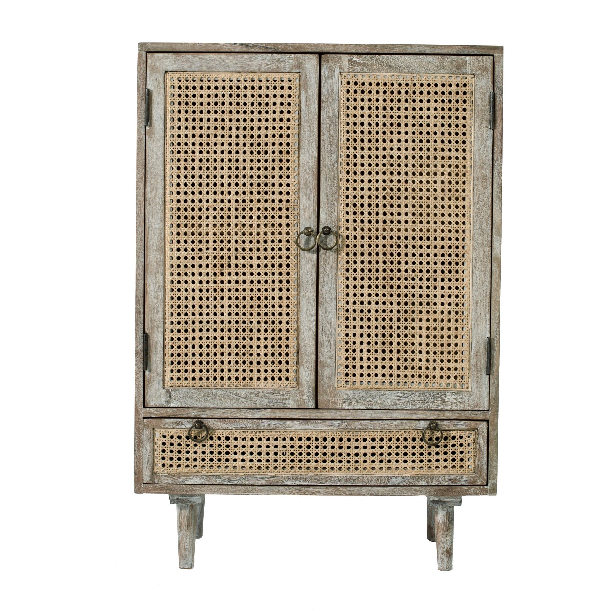 38 Inch 2 Door Cabinet, 1 Drawer, Acacia Wood, Cane Front, Weathered White — Chic Home-Decor