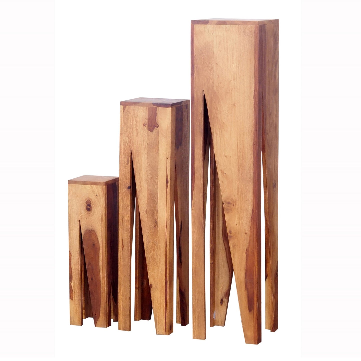 45, 34, 22 Inch Pedestal Table Stand, Set of 3, V Cut Sheesham Wood, Brown — Chic Home-Decor