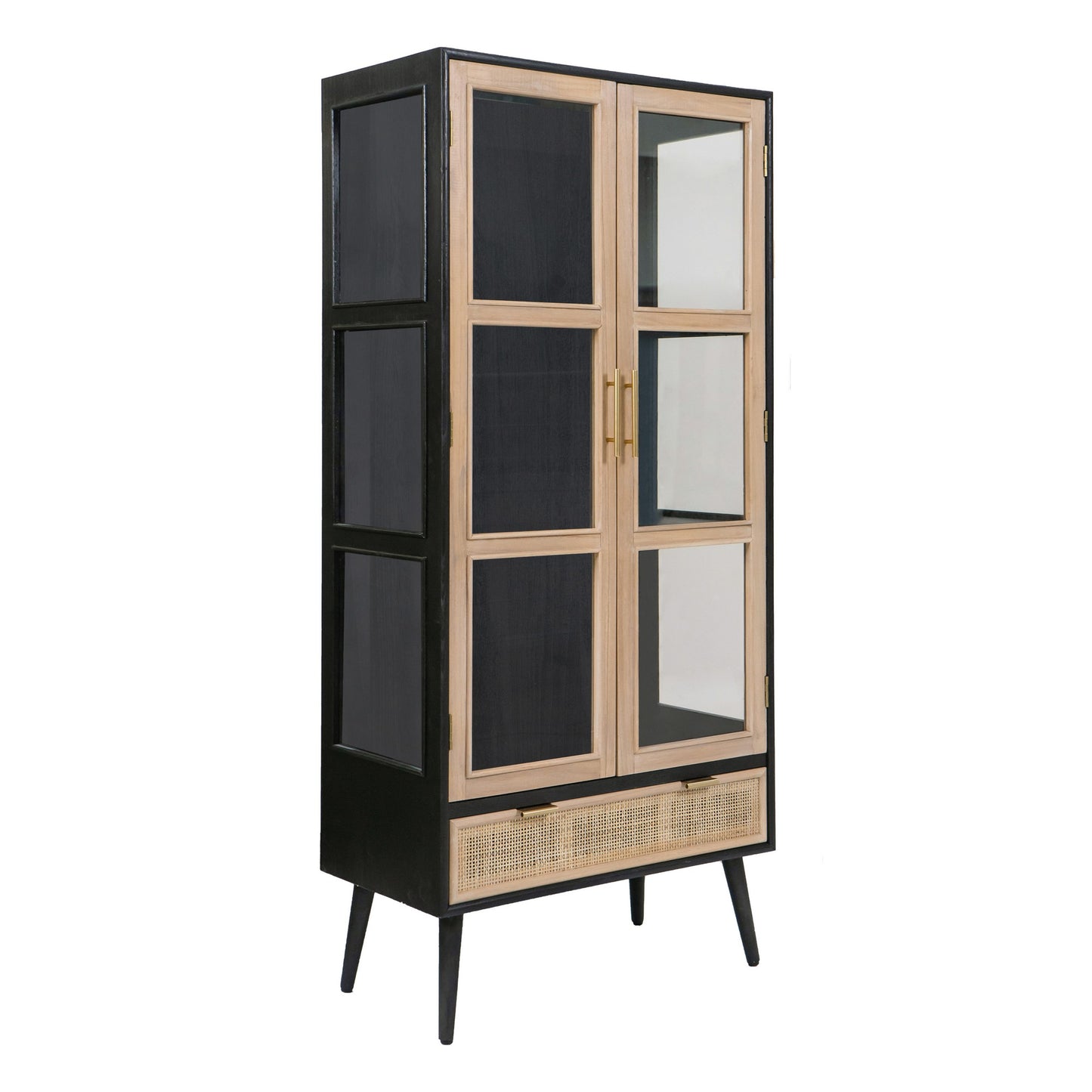 Dana 63 Inch Tall Cabinet, 2 Glass Doors, 1 Drawer, Pine Wood, Black — Chic Home-Decor