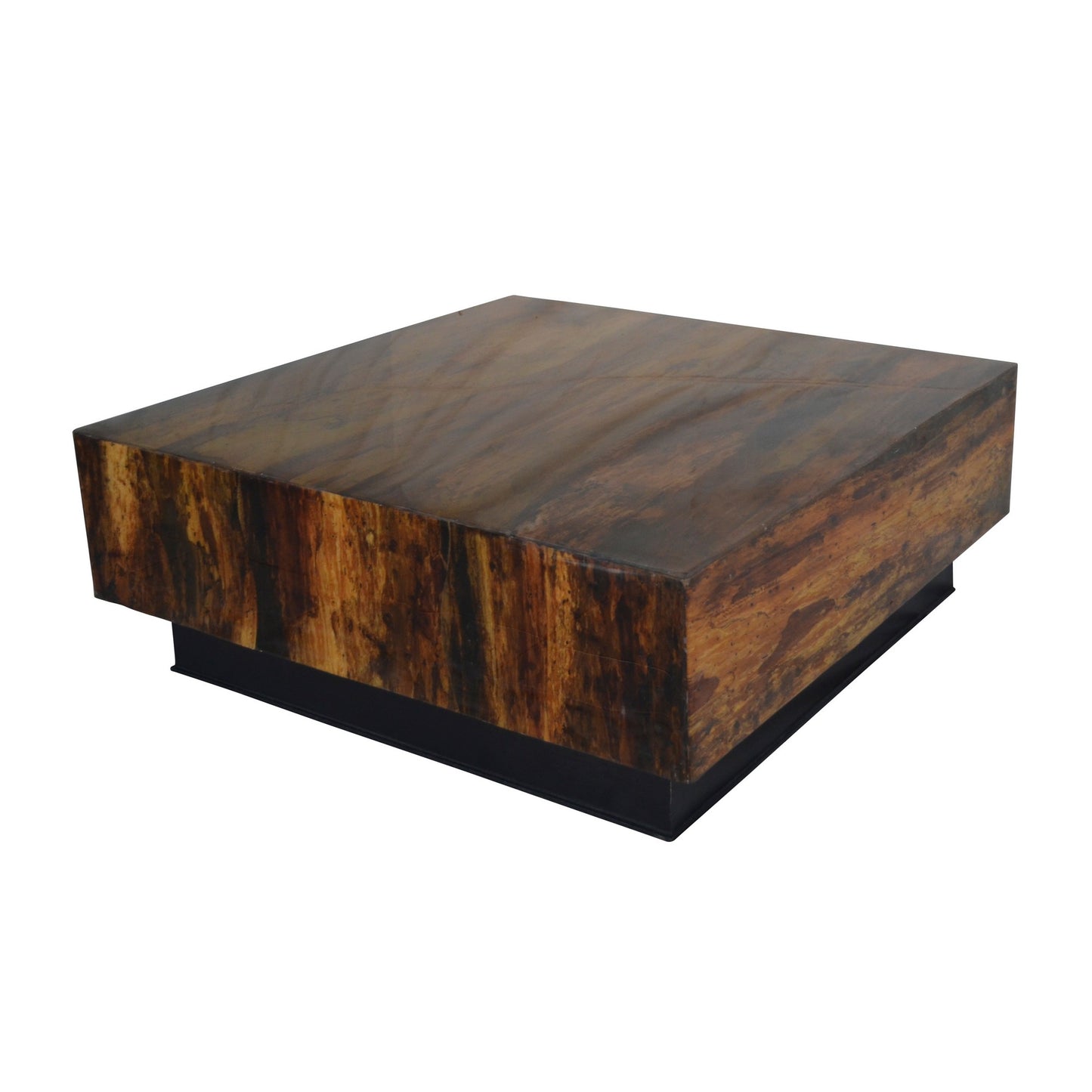 32 Inch Rustic Coffee Table, Teak Wood Plinth Base, Grain Details, Brown — Chic Home-Decor