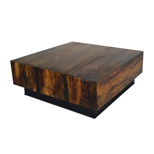 32 Inch Rustic Coffee Table, Teak Wood Plinth Base, Grain Details, Brown — Chic Home-Decor