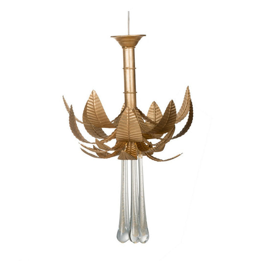 20 Inch Chandelier, Textured Leaves, Glass Clear Crystals, Modern, Gold