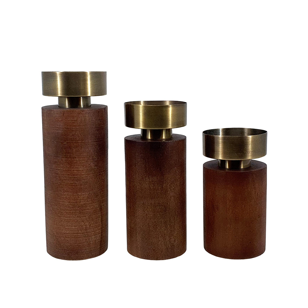 12, 10, 8 Inch Mango Wood Candle Holders with Round Column Pedestals, Brown — Chic Home-Decor