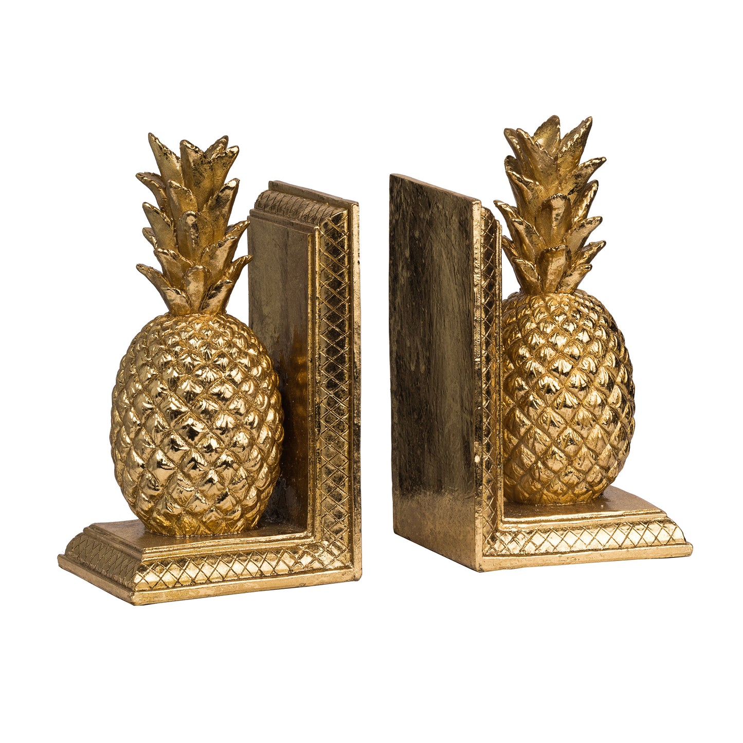 10 Inch Modern Bookends, Pineapple Decorative Statuette, Gold Resin — Chic Home-Decor