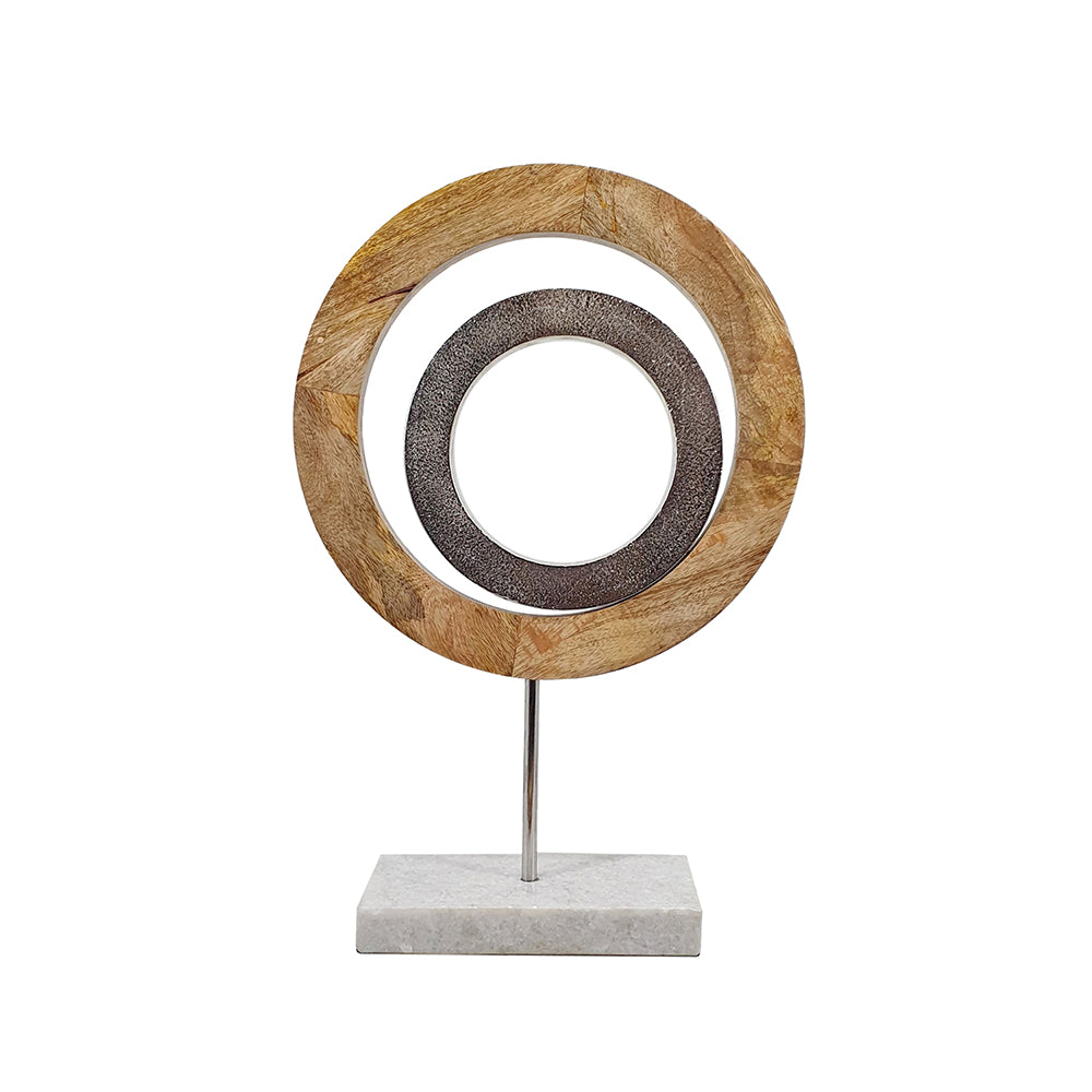 18 Inch Accent Decor, Concentric Rings, Brown Mango Wood on a Marble Base — Chic Home-Decor