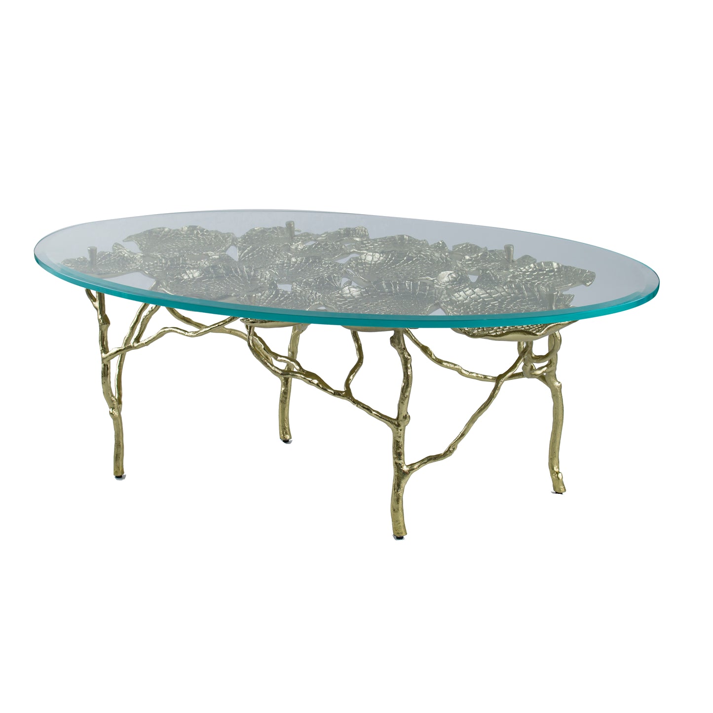 47 Inch Artisanal Coffee Table with Metal Frame, Oval Clear Glass Top, Gold — Chic Home-Decor