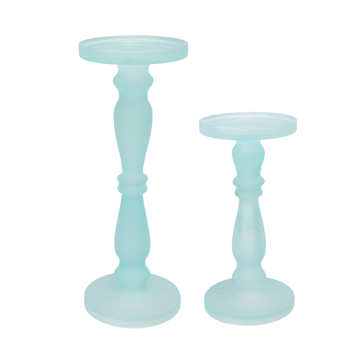 Qui 14, 11 Inch Candle Holders, Turned Pedestal, Blue Glass, Set of 2 — Chic Home-Decor