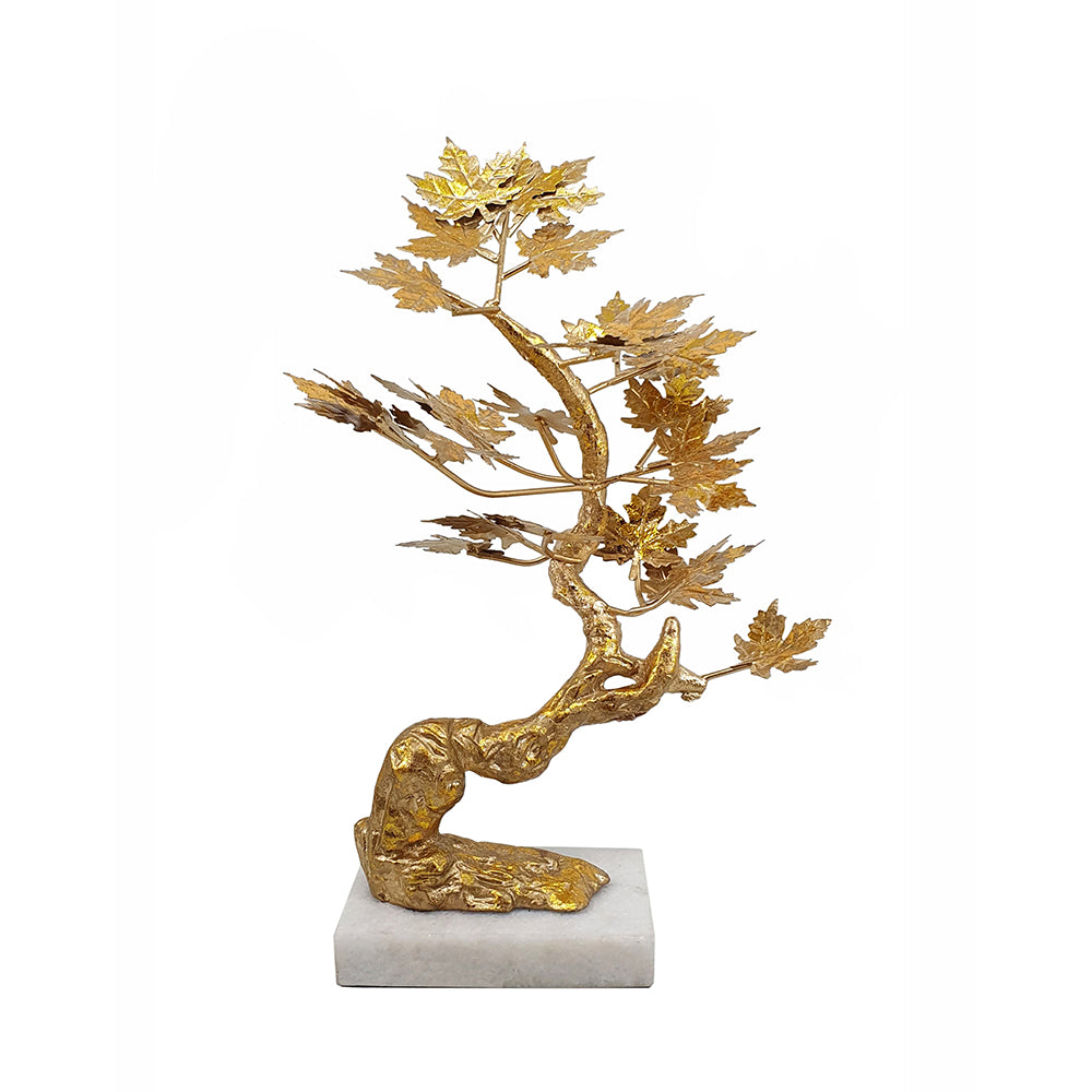 17 Inch Maple Tree Accent Decor with Leaves, Metal on a Marble Base, Gold — Chic Home-Decor