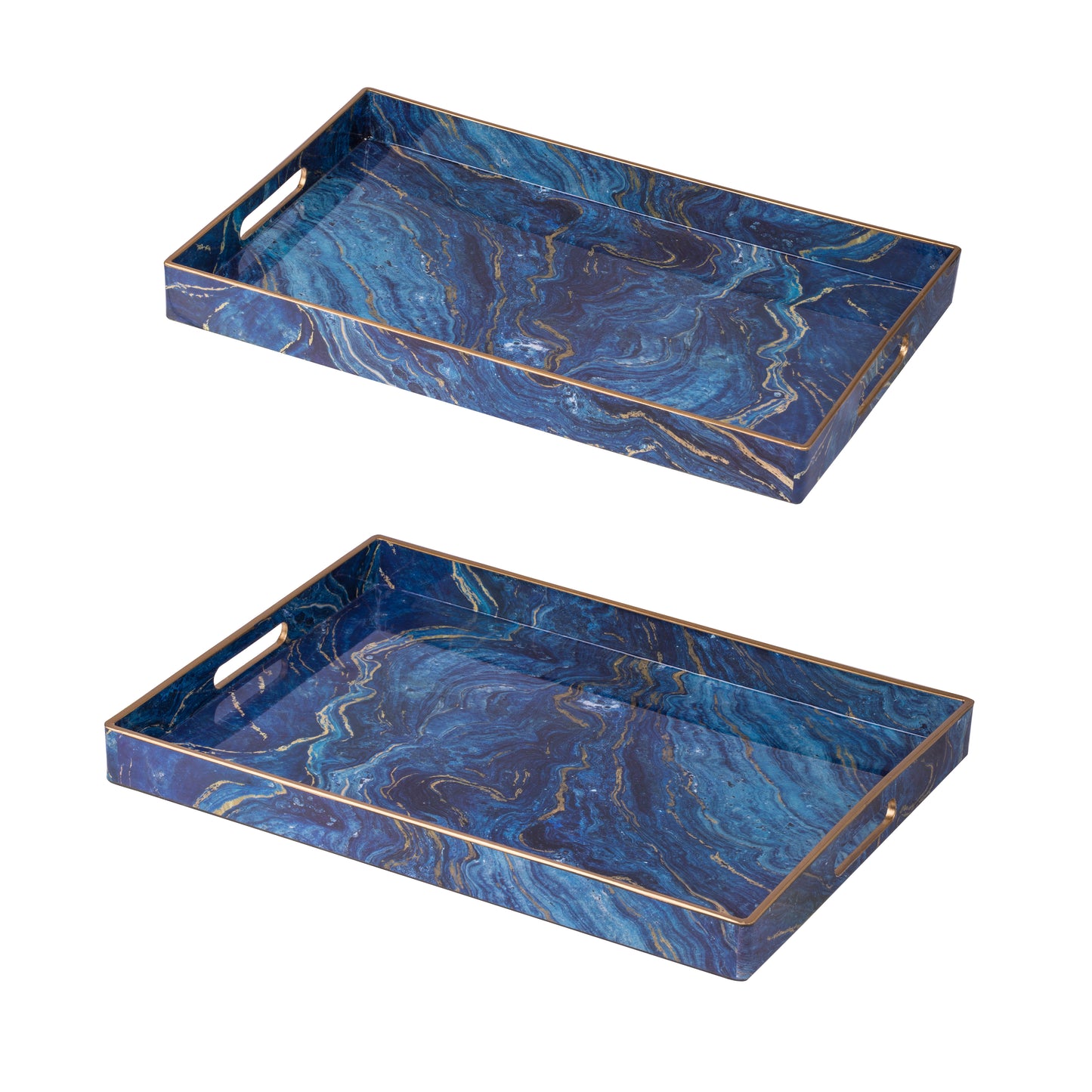 19, 18 Inch Set of 2 Modern Decorative Trays, Blue Pattern with Gold Rim — Chic Home-Decor