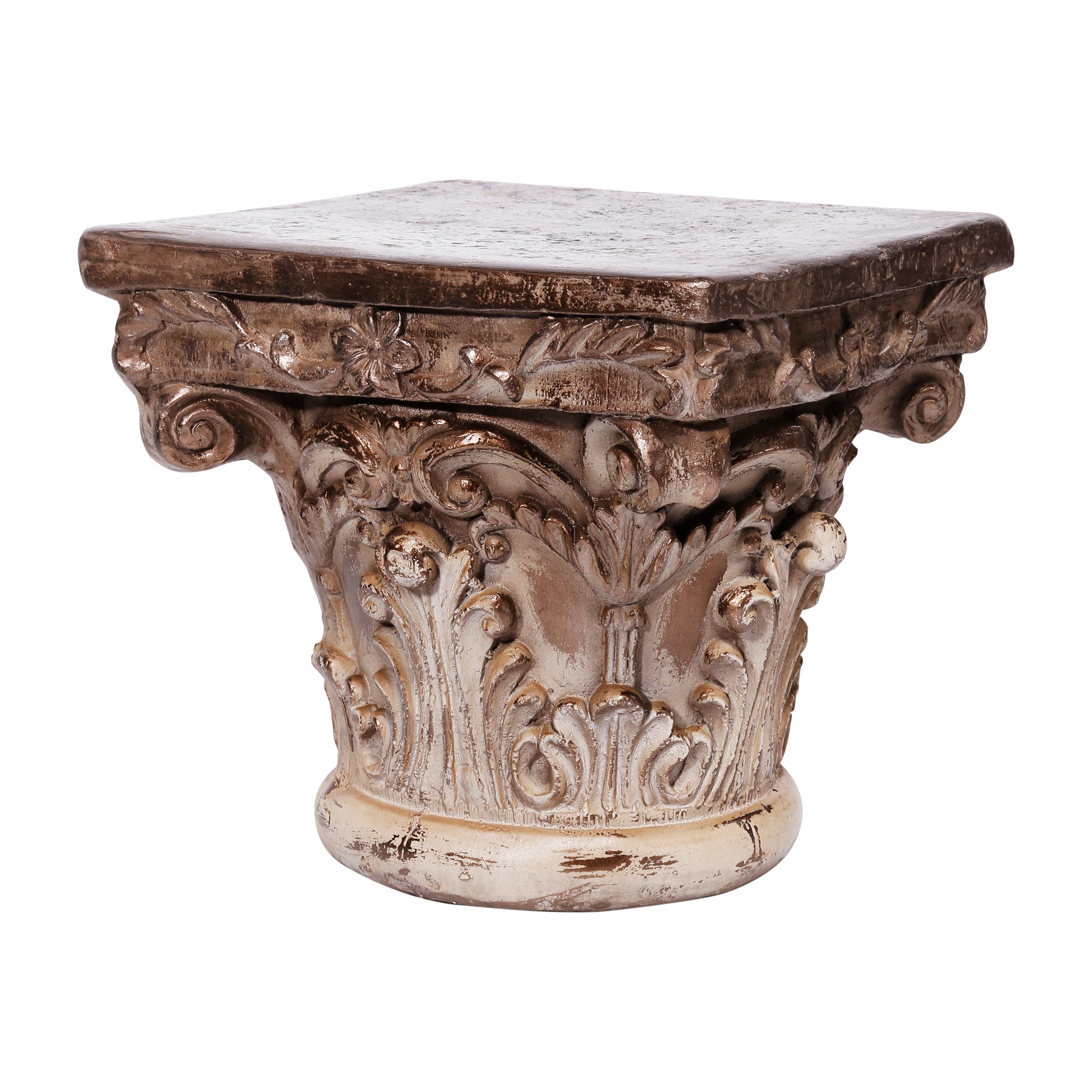 10 Inch Column Pedestal, Classic Carved Floral Scrollwork, Antique Gold — Chic Home-Decor