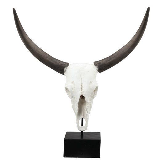 26 Inch Resin Cow Skull Accent Table Decoration, Metal Block Base, White — Chic Home-Decor