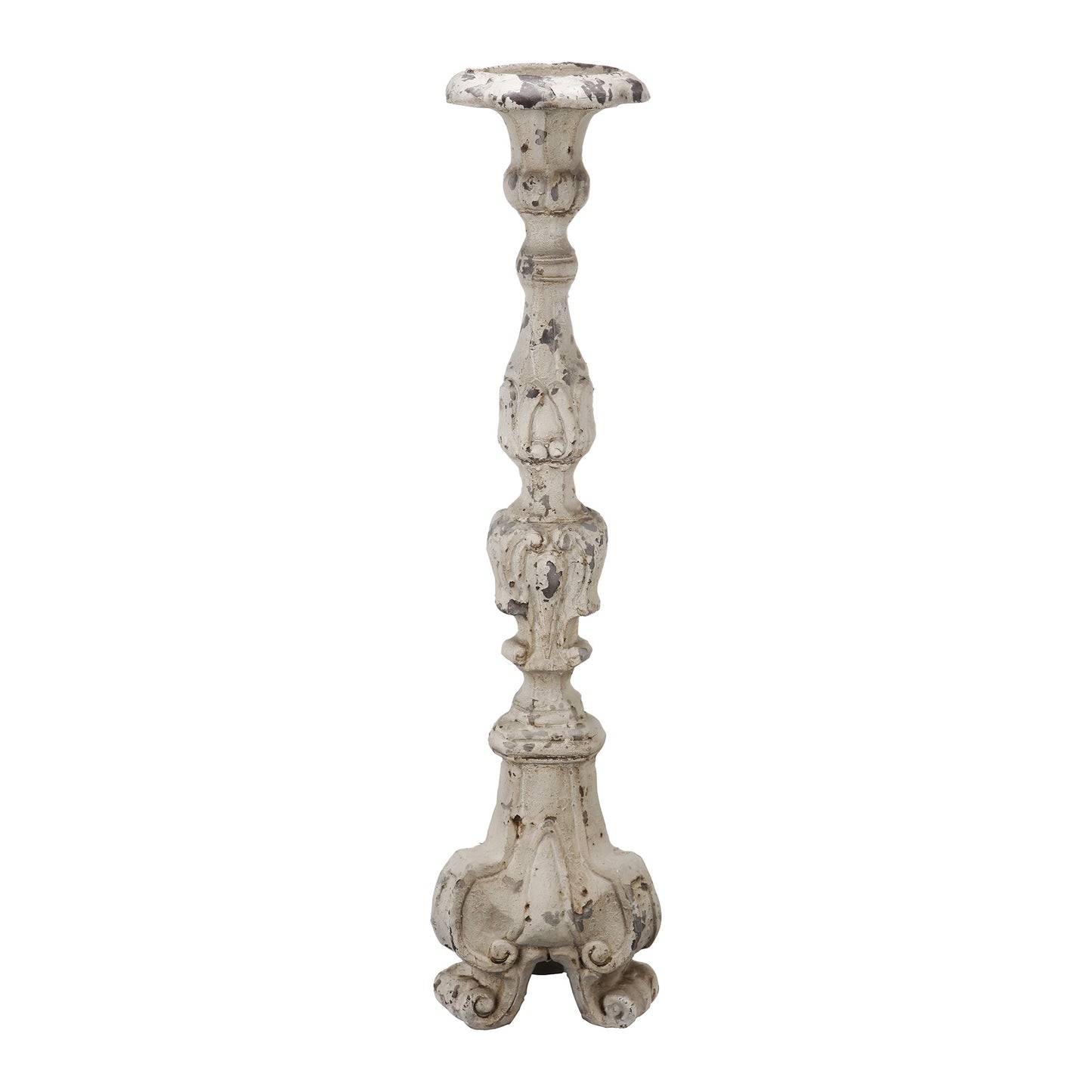 28 Inch Metal Candle Holder, Classical Turned Pedestal, Distressed White — Chic Home-Decor