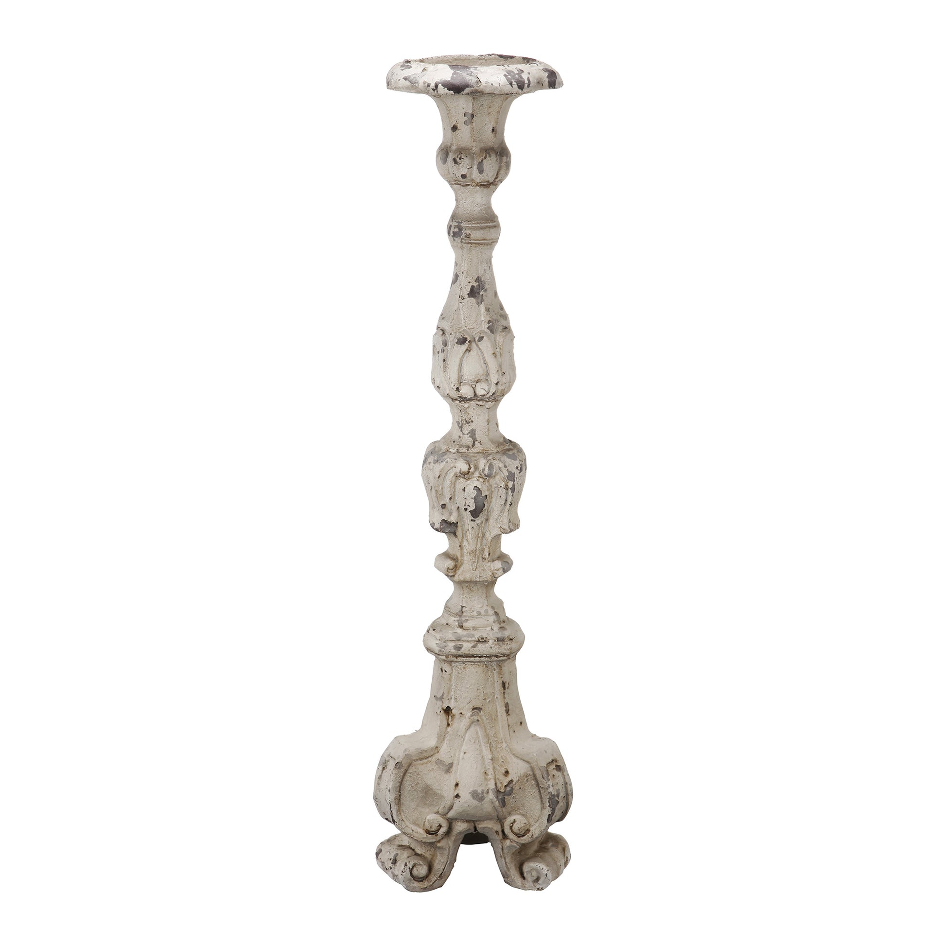 28 Inch Metal Candle Holder, Classical Turned Pedestal, Distressed White — Chic Home-Decor