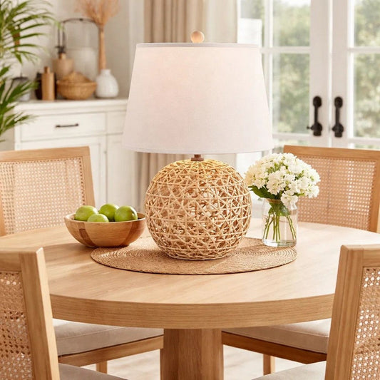 25 Inch Table Lamp, Elegant Handwoven Rope Base, Linen Shade, Natural Brown