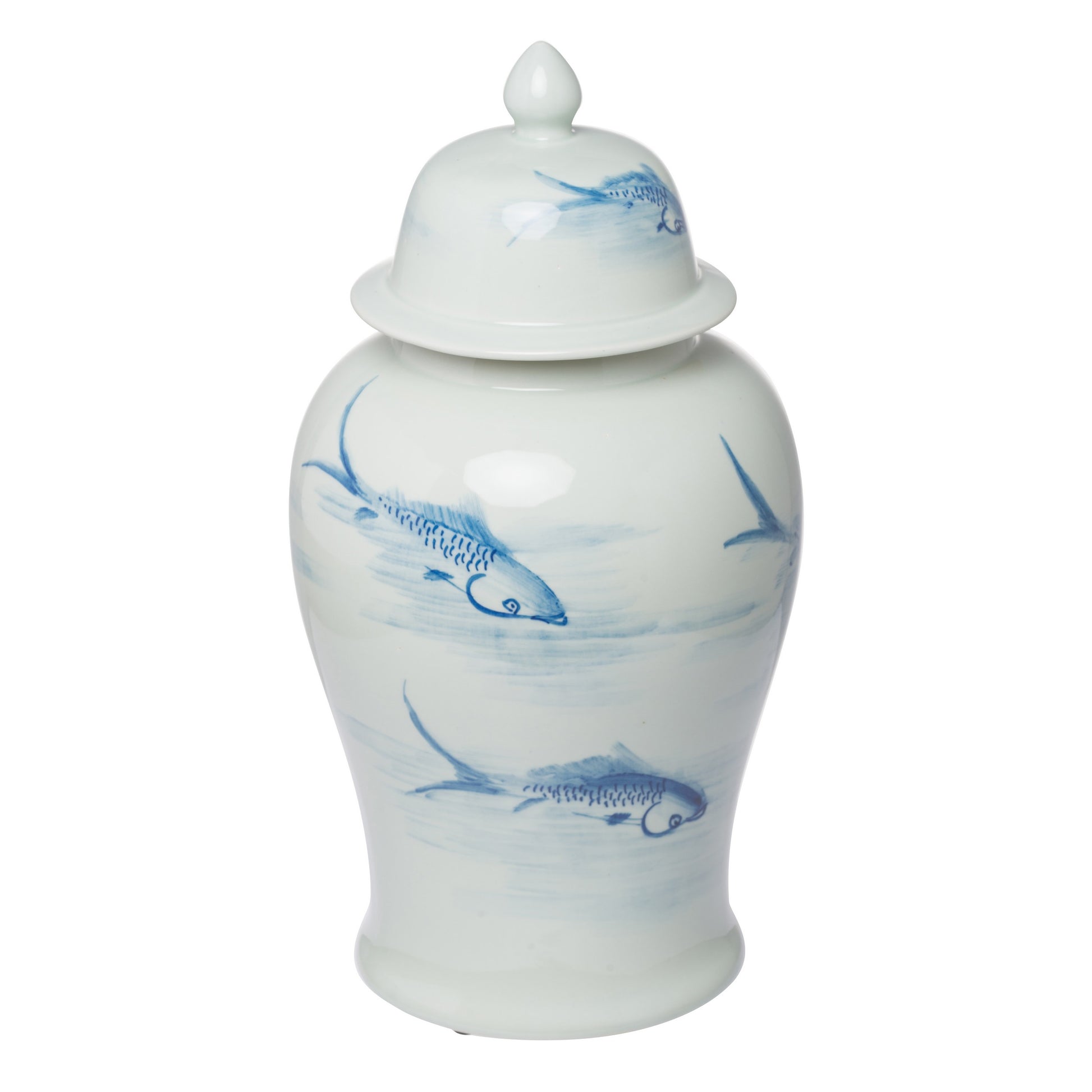19 Inch Ginger Jar, Lidded, Painted Blue Koi Fish Over White Porcelain — Chic Home-Decor