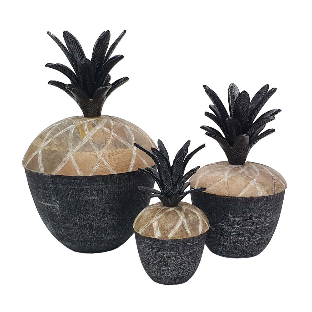 14, 12, 11 Inch Lidded Jar, Pineapple Design, Gray Mango Wood, Set of 3