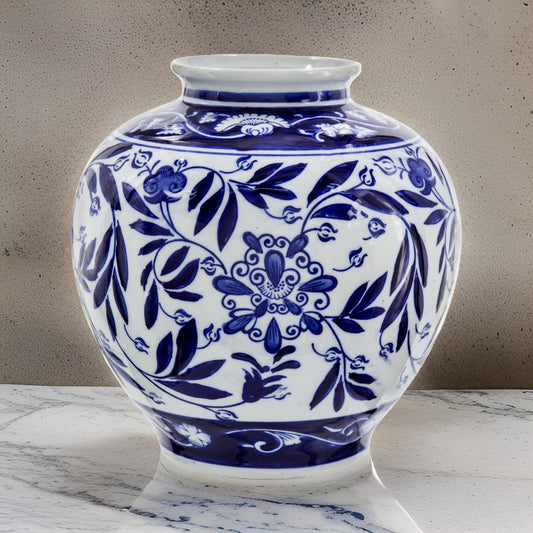 9 Inch Porcelain Vase, Blue Persian Print, Curved Shape, Flared Opening