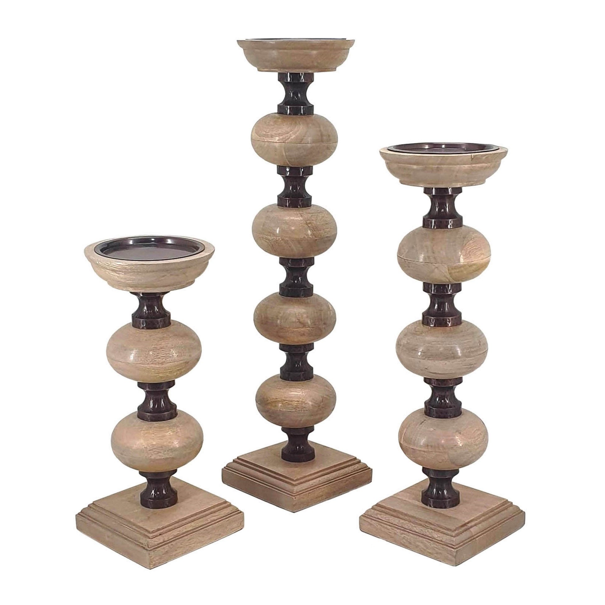 23, 18, 14 Inch Set of 3 Candleholders in Pillar Accent Wood Orbs, Brown — Chic Home-Decor