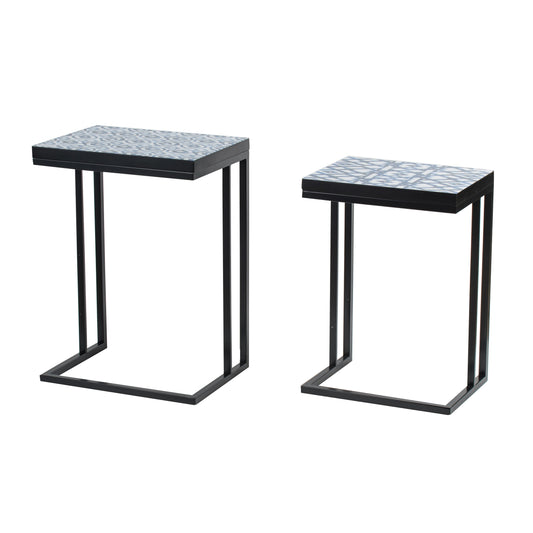 22, 24 Inch Nesting End Tables, Set of 2, Blue And White Pattern Top — Chic Home-Decor