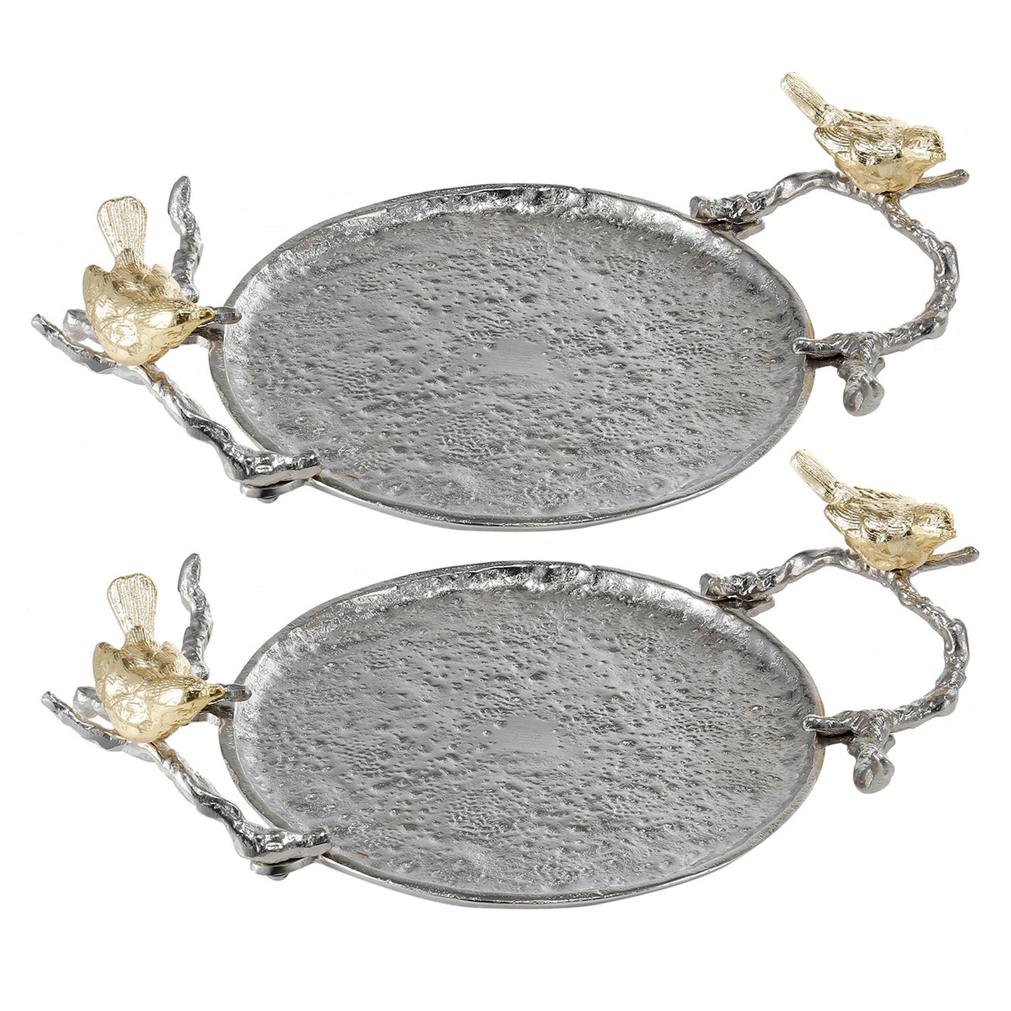 14 Inch Small Decorative Tray Set of 2, Perched Birds, Silver Metal Frame — Chic Home-Decor